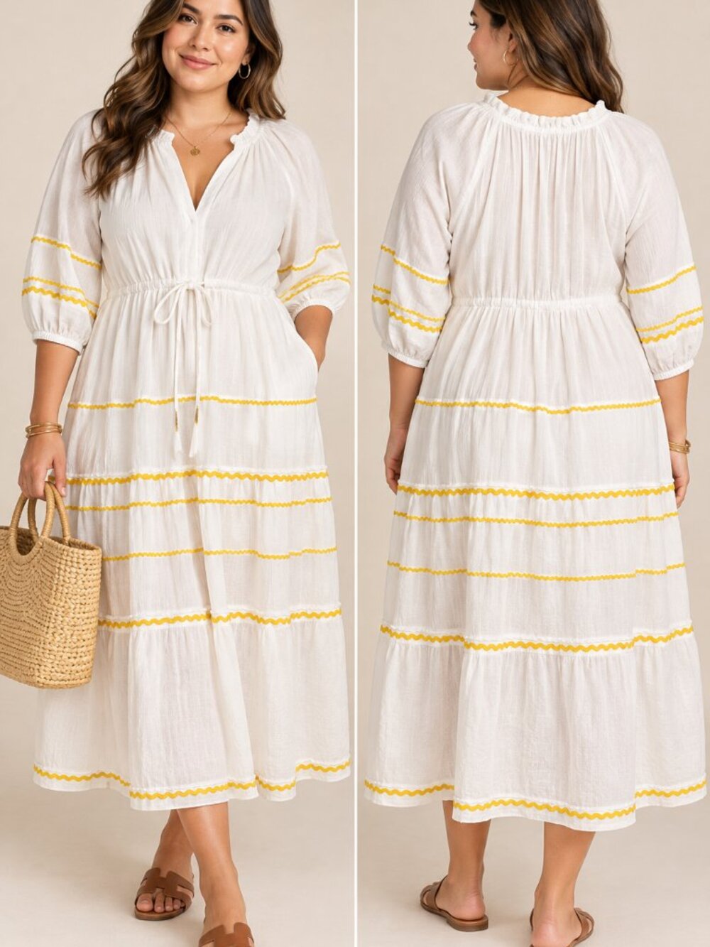 NWT Draper James Martina Ric Rac Popover Midi Dress White Yellow Size 2X